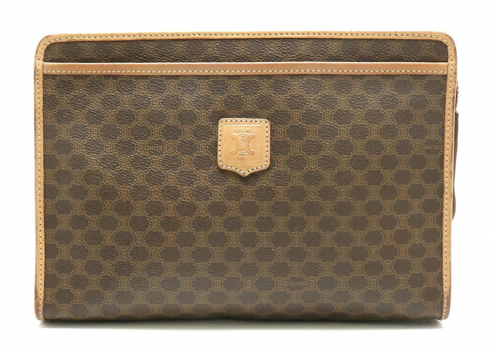 Celine Macadam Pouch Clutch Shoulder Bag Leather Dark Brown Beige Cream